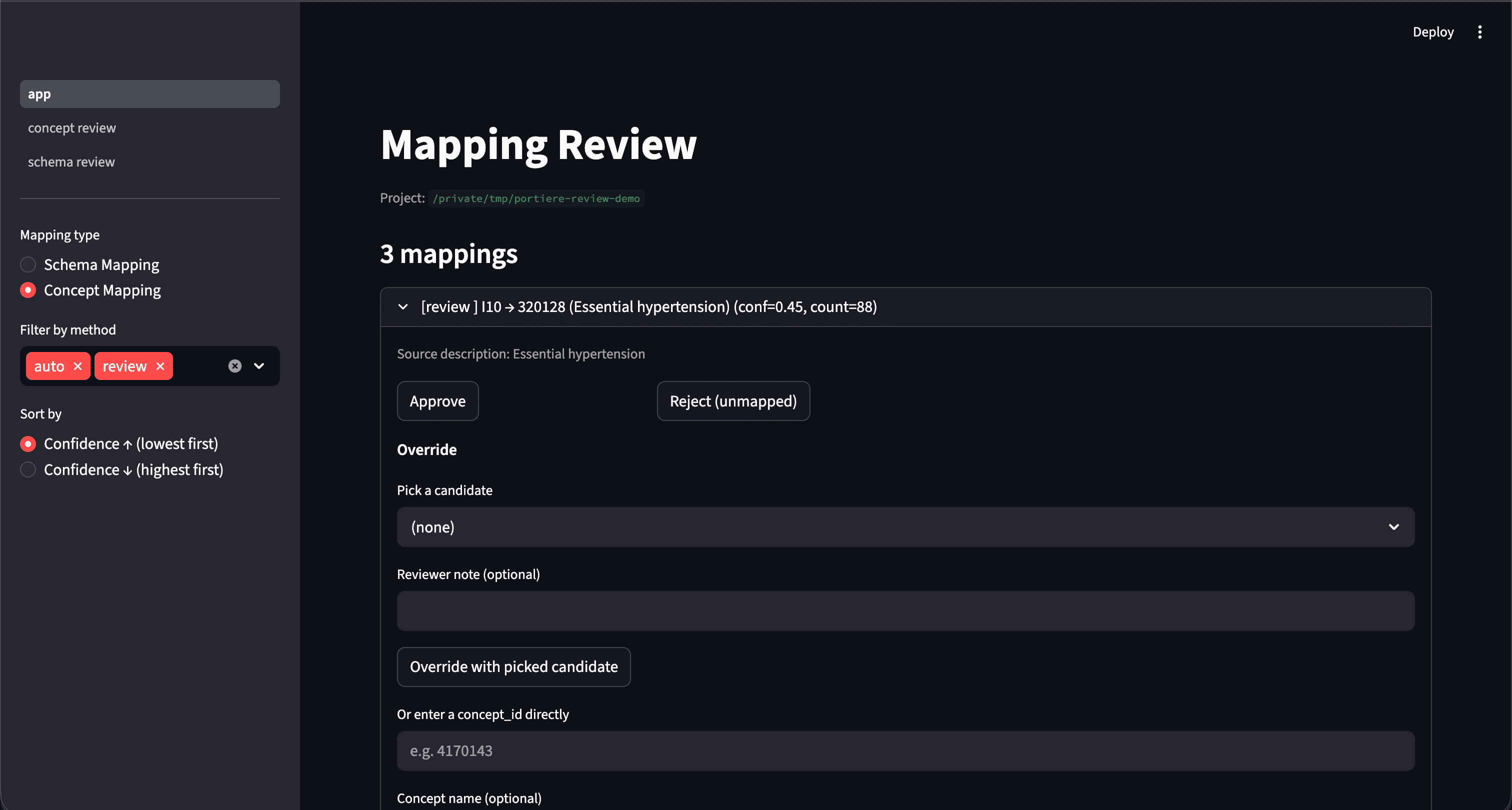 Concept mapping review screen — pick a candidate, override with a concept_id, or add a reviewer note